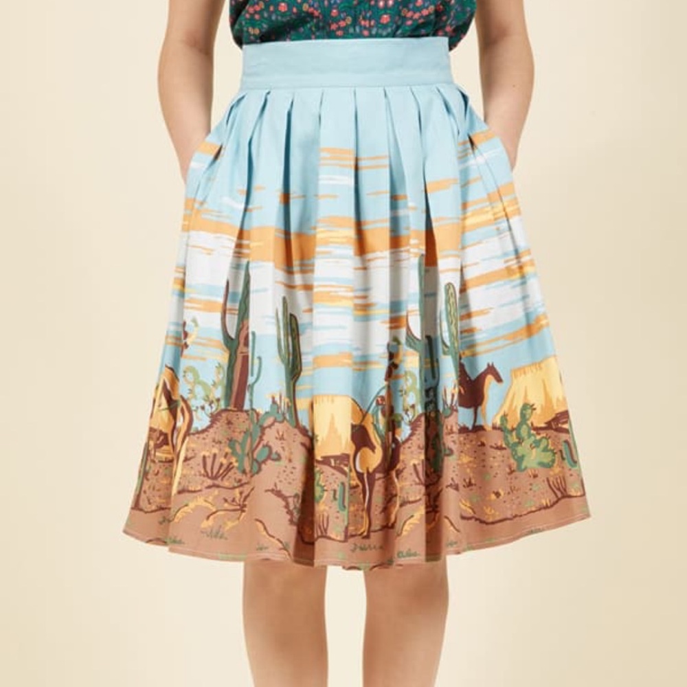 ModCloth Light Blue Desert Print Pleated Skirt